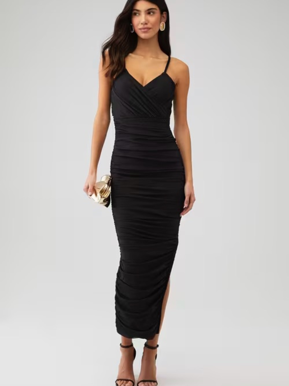 Black Ruched V-Neck Spaghetti Strap Dress-ELLIATT